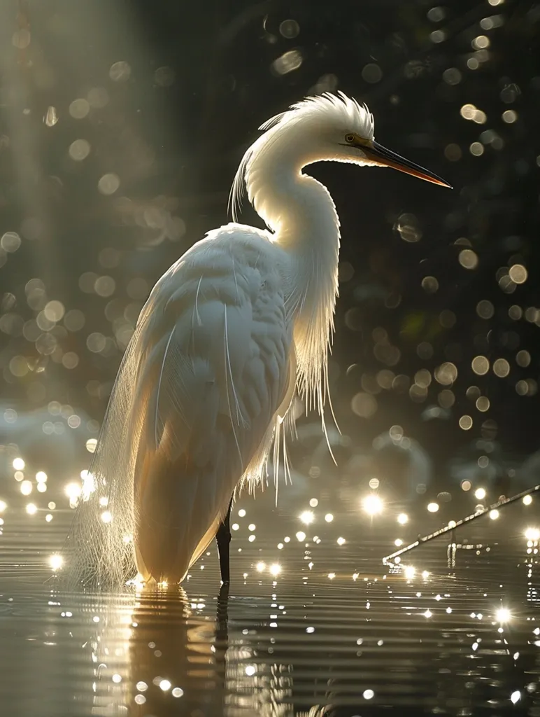 A white egret stands in shallow water with its head bowed, its white feathers catching the light from the sun. The water is still and reflects the light, creating a shimmering effect. The egret's long, slender legs are visible, and its long, thin beak is slightly open. The background is out of focus, creating a soft and ethereal effect.  The image is a beautiful and peaceful scene of nature.