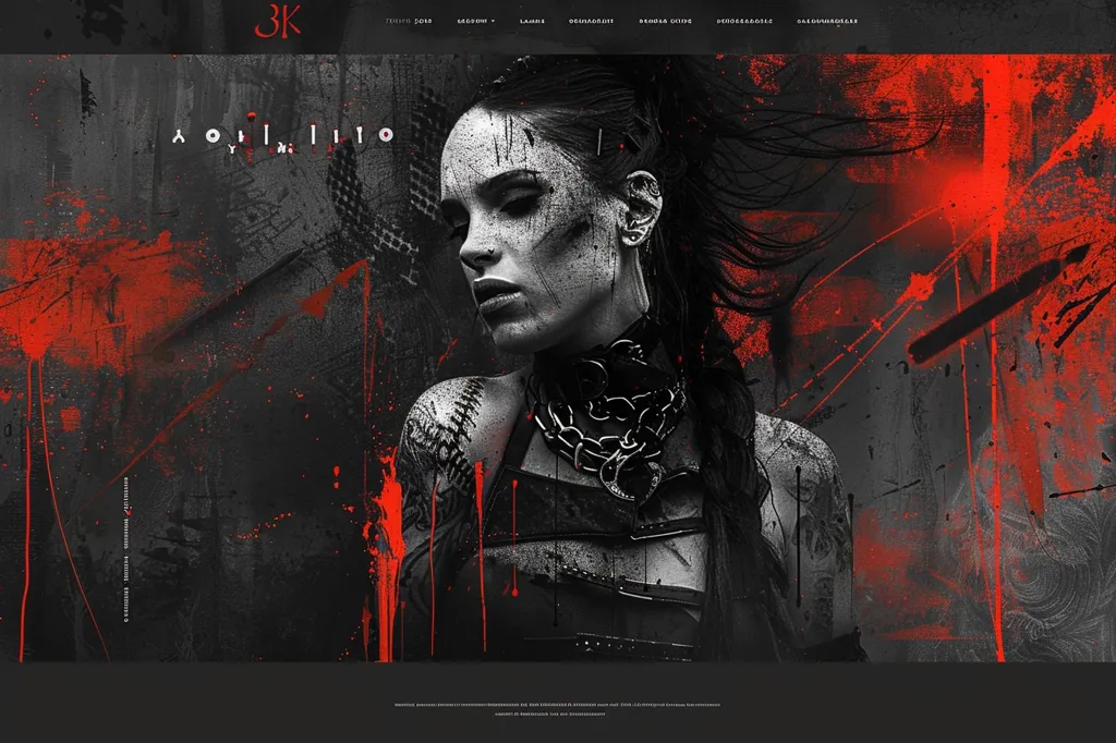 The image is a digital painting of a woman with dark hair and a dark, grunge-like background. The woman is wearing a black leather outfit and a chain choker. Red splashes of paint are splattered across the image. The woman's expression is one of sadness or longing. The image conveys a feeling of darkness, pain, and vulnerability.