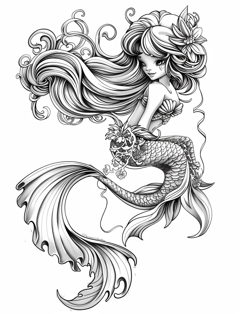 The image depicts a mermaid with long flowing hair, adorned with flowers. Her tail is detailed with scales and fins, while her upper body is partially obscured. The image is drawn in black and white, highlighting the intricate details of her form. The mermaid's expression is gentle and serene, creating a sense of peace and tranquility. The overall style is whimsical and ethereal, capturing the beauty and grace of a mythical creature.