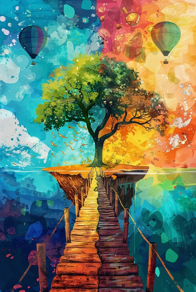 A vibrant, abstract painting depicts a wooden staircase leading upwards from a floating island. Two hot air balloons soar in the sky, one in a blue sky with clouds and the other in a yellow and orange sky. The tree on the island seems to split the two skies, suggesting a division between different worlds or seasons. The overall impression is whimsical and dreamlike, hinting at a journey of discovery.