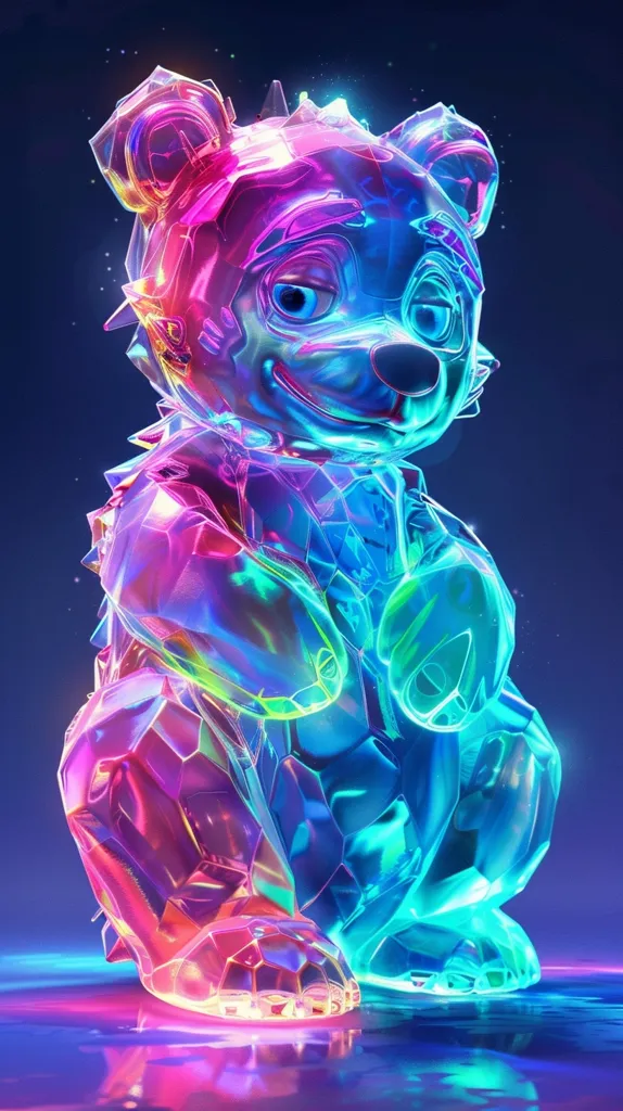 A crystalline bear sculpture, rendered in a vibrant, iridescent palette of blues, pinks, and greens, stands on a shimmering surface. The bear has a whimsical, cartoon-like expression, and its body is composed of multifaceted, geometric shapes that reflect and refract light. The image creates a surreal and fantastical atmosphere.