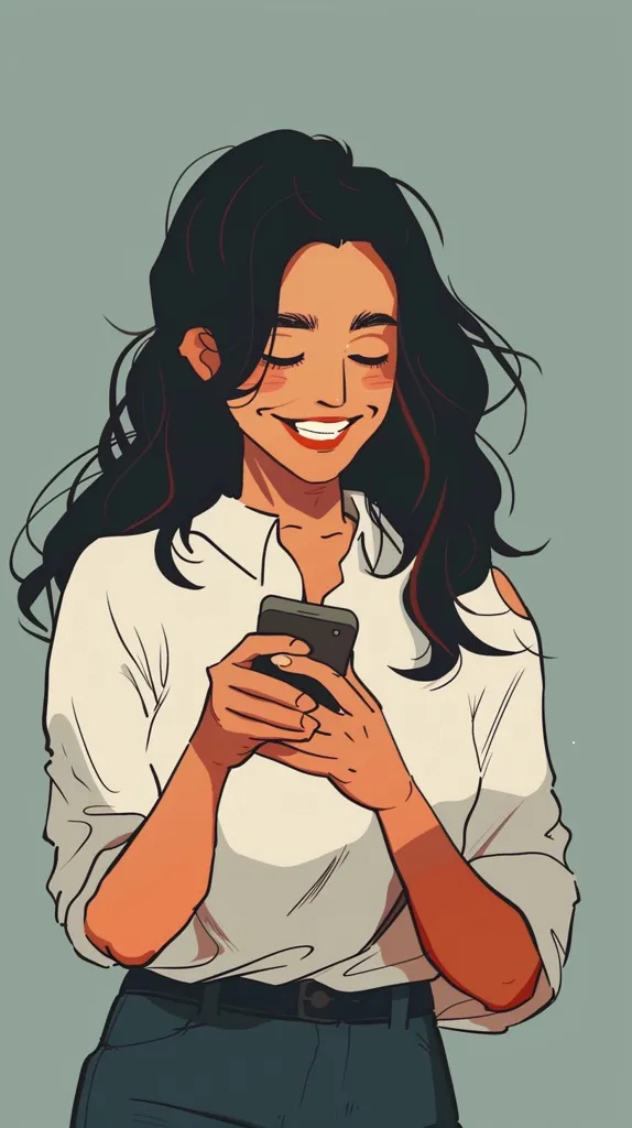 The image shows a young woman with long black hair, wearing a white button-down shirt and blue jeans. She is smiling and looking down at her phone, which she is holding in her hands. The background is a light blue. She appears to be happy and content while checking her phone.