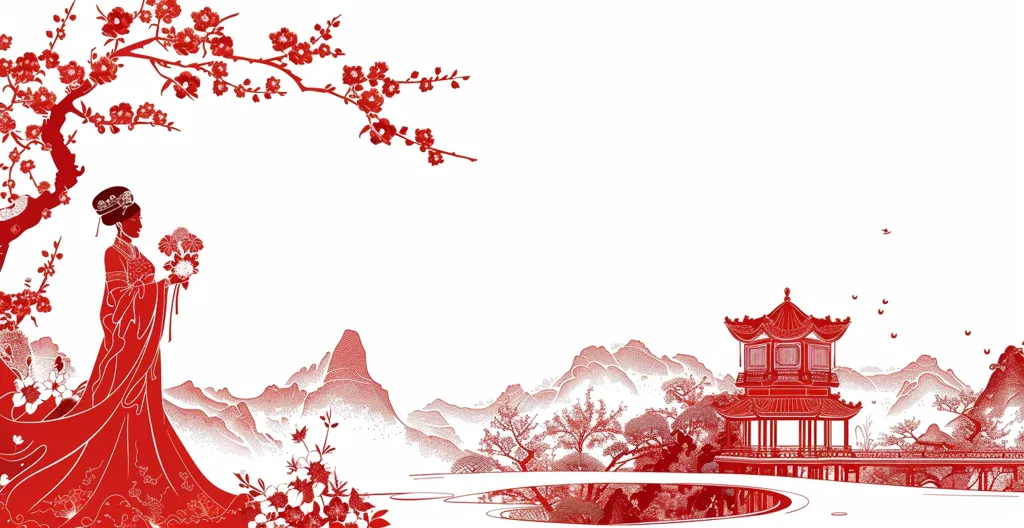 The image is a traditional Chinese painting in red ink on white paper. It depicts a woman in a long robe standing beneath a blossoming cherry tree, with mountains, a pond, a pagoda and birds in the background. The scene evokes a sense of serenity and beauty.