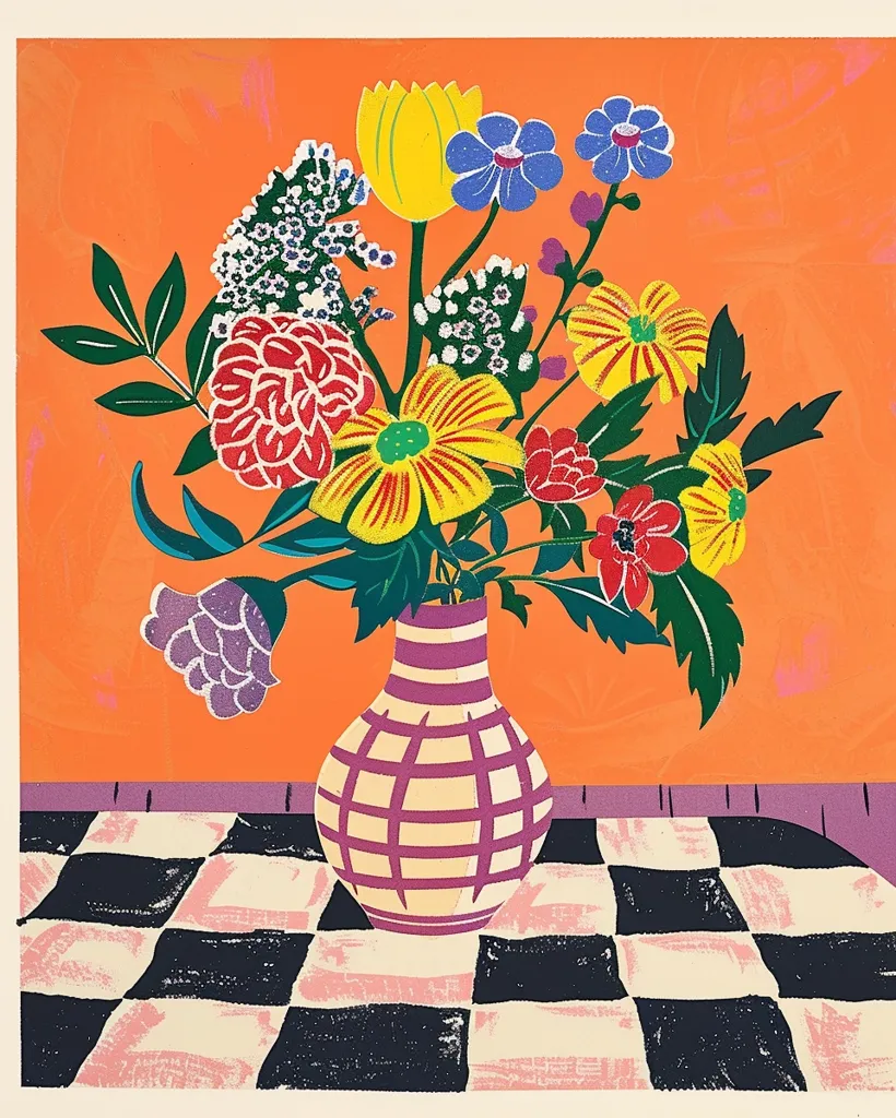 A vibrant bouquet of flowers in a checkered vase sits on a checkered tablecloth. The flowers are a mix of colors, including red, yellow, blue, purple, and white. The vase is a simple design with a striped pattern. The background is a bright orange color. The image is a colorful and cheerful representation of nature.