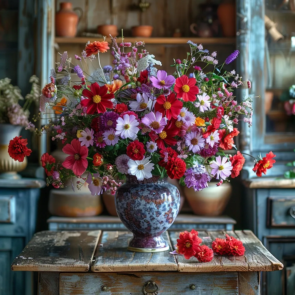 A vibrant bouquet of pink, red, and white flowers sits in a blue and white patterned vase on a rustic wooden table. The flowers are in full bloom and appear to be a mixture of cosmos, asters, and other wildflowers. The vase is positioned in front of an aged wooden cabinet with blue painted accents, adding to the charming and rustic aesthetic.
