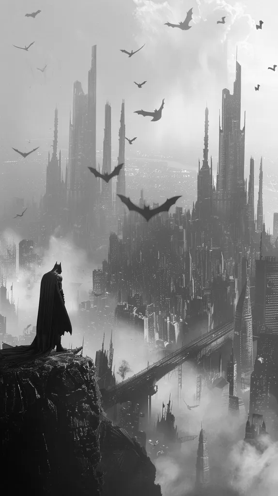 A lone figure, presumably Batman, stands on a cliff overlooking a sprawling, futuristic cityscape shrouded in fog. The city is filled with tall, gothic buildings, connected by bridges that seem to disappear into the mist. Bats fly overhead, adding to the brooding atmosphere. The black and white color scheme enhances the sense of mystery and intrigue.