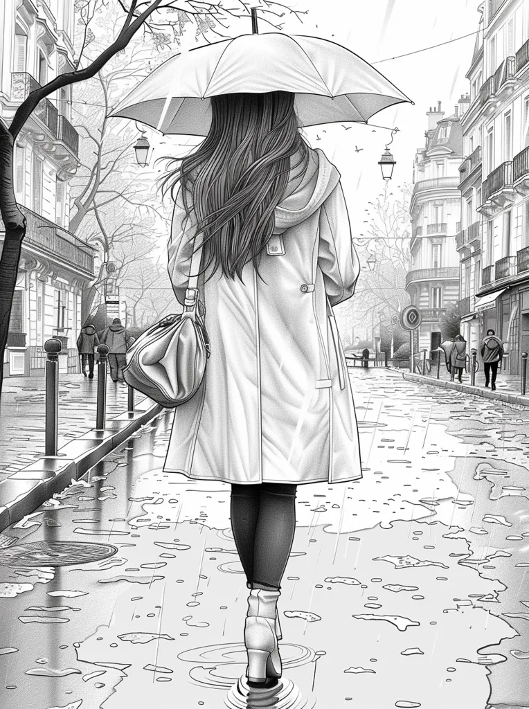 A woman walks down a wet, cobblestone street in a European city. She is wearing a long coat and boots and is holding an umbrella over her head. Her long hair flows behind her as she walks. The street is lined with buildings and trees. The image is drawn in black and white.