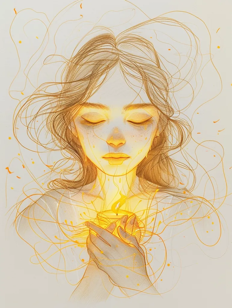 The image depicts a woman with long, flowing hair, her eyes closed as she holds a lit candle in her hands. The candle glows with a warm, golden light, emanating outwards and surrounding her with a radiant aura. Delicate, swirling lines in shades of yellow and gold surround her, creating a sense of ethereal beauty and a connection to the divine. The overall impression is one of peace, tranquility, and a deep spiritual connection.