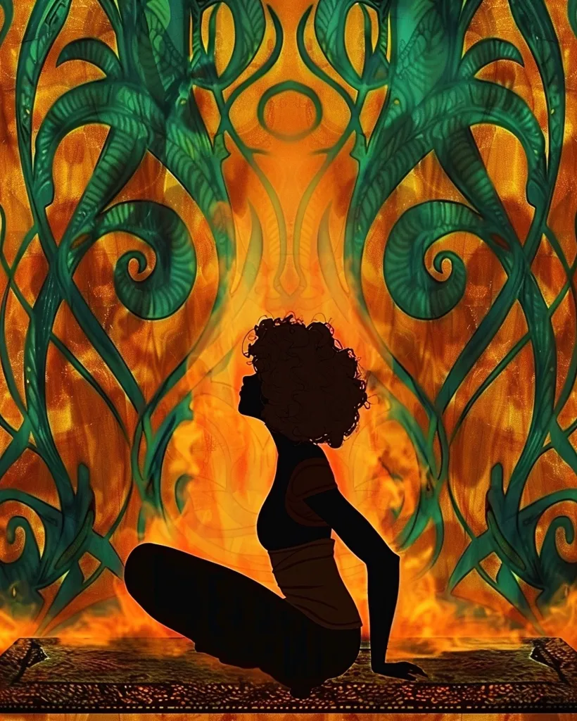 The image is a stylized silhouette of a woman sitting with her legs crossed against a backdrop of swirling, green and orange patterns. The background resembles stained glass or a psychedelic design. The woman is facing the right side of the image, her head slightly tilted, giving her a contemplative look. The bright orange and vibrant green colors create a sense of warmth and energy. The overall effect is one of both mystique and strength.