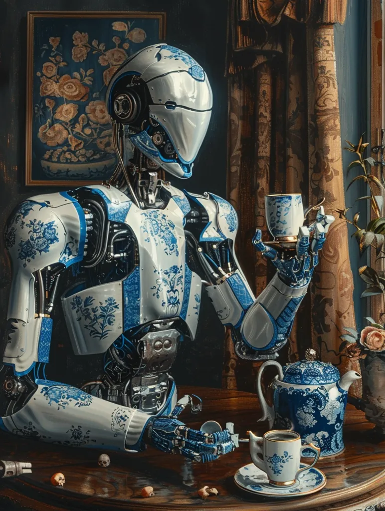 A humanoid robot with a blue and white porcelain skin sits at a table. The robot is holding a teacup in one hand and a teapot in the other. The robot is surrounded by other porcelain objects, including a teacup, saucer, and teapot. There is a painting in the background. The scene is set in a room with a wooden floor and a window. The image suggests that robots could one day be integrated into society in a way that is both familiar and unexpected.