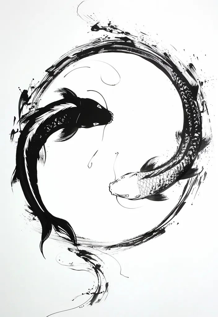 The image depicts two black and white koi fish swimming in opposite directions, forming a circular shape with their bodies. The fish are drawn in a simple, elegant style, with flowing lines that capture their movement. The background is white, creating a stark contrast to the black ink of the fish. The image evokes a sense of harmony and balance, a common theme in Japanese art. The flowing lines and circular shape create a sense of movement and energy, while the black and white colors add a sense of contrast and depth. The image is a beautiful example of traditional Japanese art.