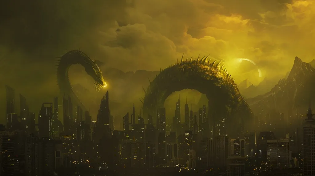 A colossal, spiky green dragon towers over a cityscape, its head tilted down, glowing with a bright light. The city is shrouded in a yellow mist, with the silhouette of mountains and a crescent moon visible in the background.  The scene is ominous and suggests a destructive force about to unleash its fury upon the unsuspecting city below.