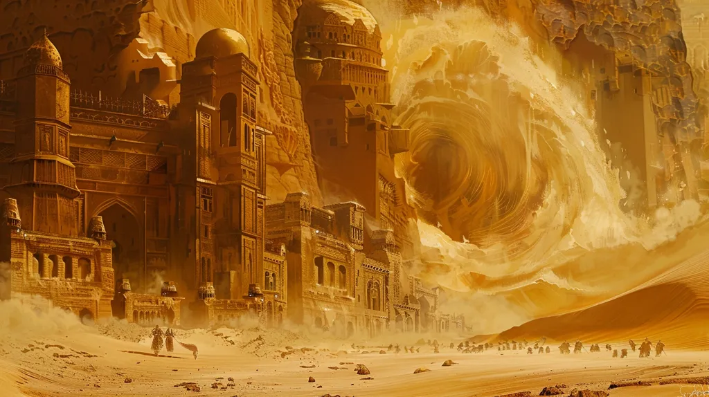 A fantastical desert city, built into the side of a towering sand dune, is engulfed in a swirling vortex of sand. The city is a mix of ancient and modern architecture, with tall minarets and intricate carvings. The sandstorm is fierce, with gusts of wind whipping across the cityscape. The image is a captivating blend of beauty and destruction.