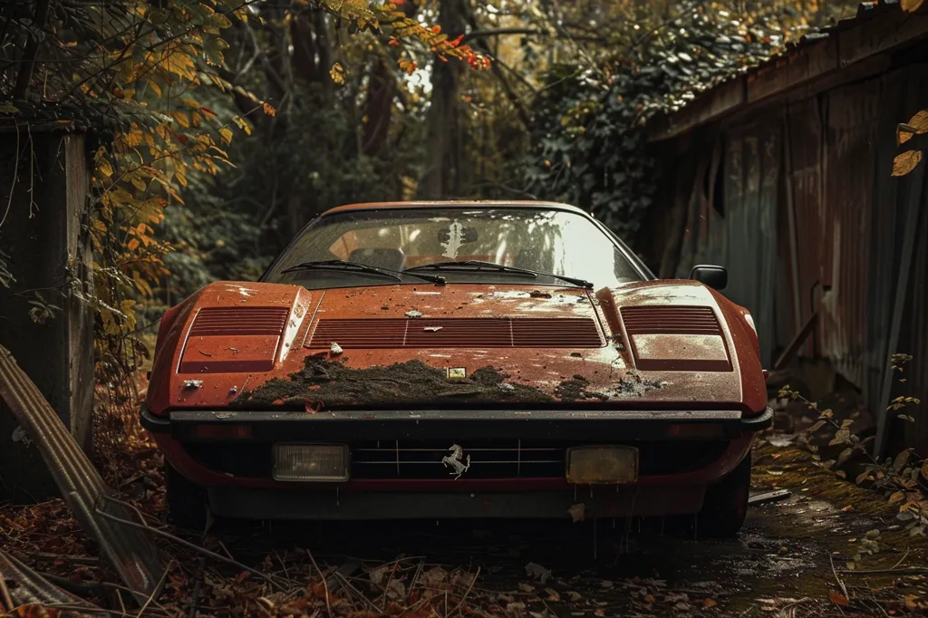 A rusty, red Ferrari sports car sits abandoned in an overgrown, autumnal forest.  The car is covered in dirt and debris, with leaves scattered around it. The car is parked near a dilapidated shed, and the overall atmosphere is one of decay and neglect.  The car's iconic design is still visible, though, despite the years of neglect.  The image captures a moment of forgotten beauty.