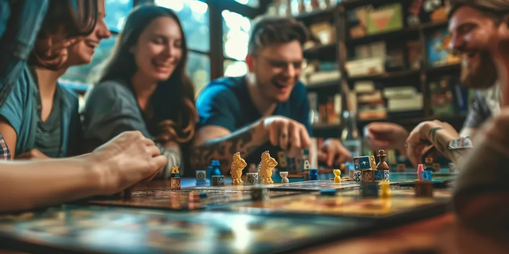 Four people are playing a board game. They are sitting around a table with a game board and pieces. The woman in the foreground is laughing and appears to be enjoying the game. The other players are focused on the game. There are many game pieces on the board.  The background is blurry and shows shelves of books.
