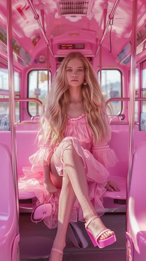 A young woman with long blonde hair sits in a pink bus, wearing a pink dress and pink heels.  She is holding a pink purse. The bus is decorated entirely in shades of pink, from the seats to the walls to the ceiling. The overall image is one of playful femininity.