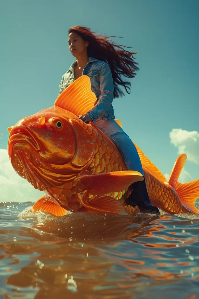 A woman with long red hair, wearing a denim jacket, sits astride a giant, golden fish. The fish is swimming through the water, leaving a trail of bubbles behind it. The sky is blue and there are some clouds in the background. The scene is surreal and whimsical, suggesting a world where anything is possible.
