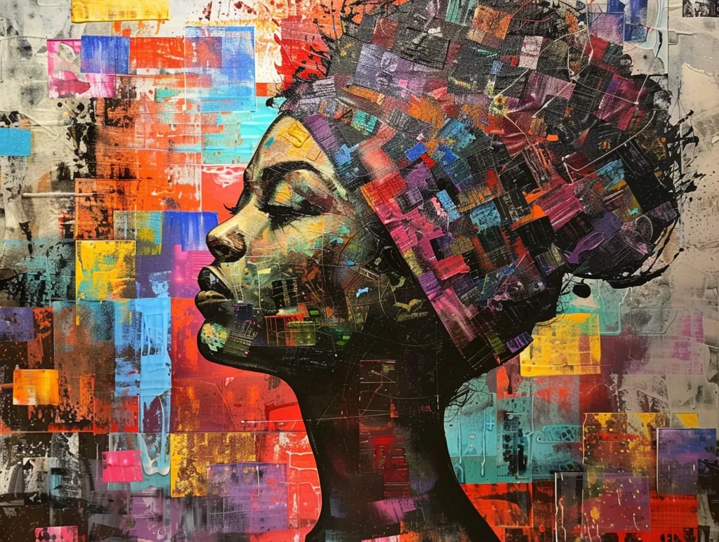 The painting is an abstract portrait of a woman with her head tilted back, eyes closed, and mouth slightly open. Her face is rendered in a dark, almost charcoal-like hue, contrasting with the vibrant, multi-colored background made up of geometric shapes.  The background suggests an urban setting, adding a sense of energy and movement. The overall impression is one of contemplation, with a sense of peace and serenity radiating from the woman.