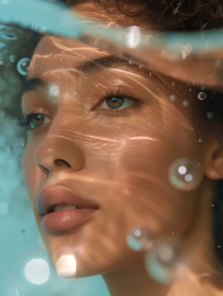 A close-up of a woman's face, partially submerged in water. Her skin is illuminated by the sun, casting a warm glow. Bubbles and water droplets create a dreamy effect, emphasizing the beauty of her features. The focus on her eyes and lips creates a sense of intimacy and tranquility.  The image evokes a sense of serenity and the pure joy of being in the water.