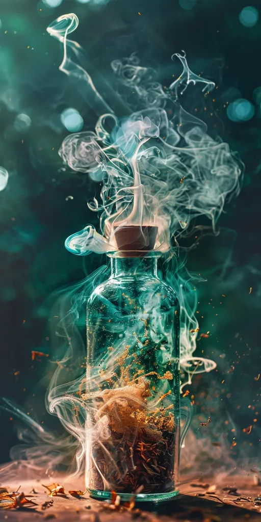 A glass bottle with a cork top sits on a surface covered in dried leaves. The bottle is filled with swirling golden dust and a wispy white smoke billows out from the top, creating a magical and ethereal scene. The background is a blurred green, creating a sense of depth and mystery. The image evokes a sense of enchantment and wonder.