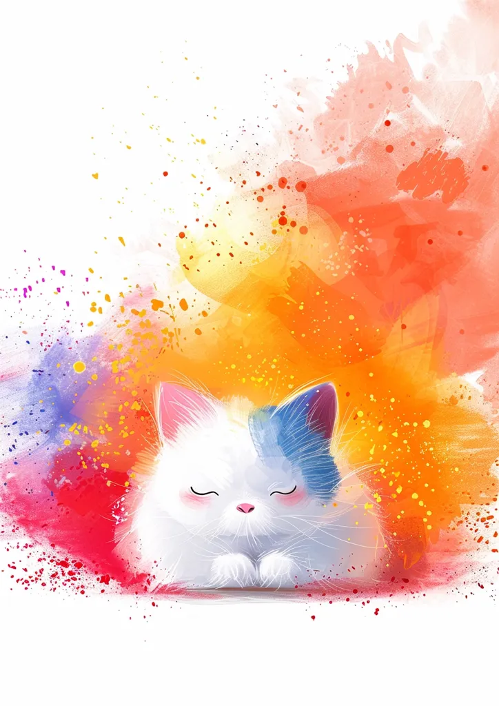 A cute, white cat with blue ears is sleeping peacefully. The background is a colorful watercolor splatter, featuring shades of red, orange, yellow, and purple. The image evokes a sense of calmness and serenity.