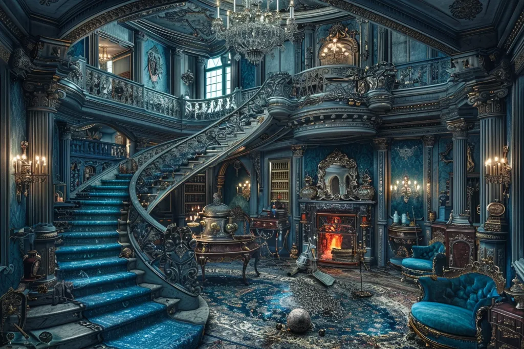 A grand, opulent staircase dominates the scene in a lavishly decorated mansion. Ornate details, including intricate carvings,  gilded accents, and crystal chandeliers, create an air of grandeur. The staircase, carpeted in rich blue, winds its way up to a balcony, revealing a glimpse of a second floor with windows overlooking the outside world. The lower level features a fireplace roaring with warmth, comfortable armchairs, and a sense of both luxury and intimacy.  The overall atmosphere is one of timeless elegance and captivating beauty.