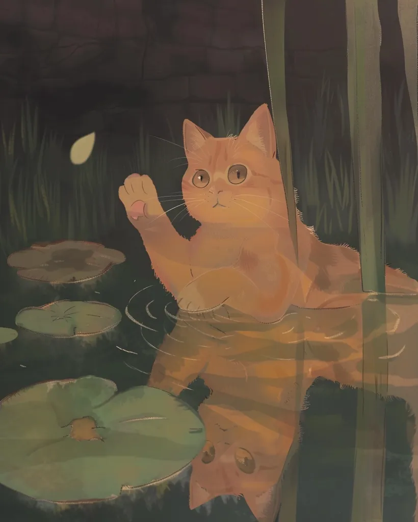 A ginger cat with large, round eyes sits on the edge of a pond, its reflection visible in the water.  The cat's paw is extended towards a small, light-colored object in the air, perhaps a butterfly or a leaf.  The pond is surrounded by tall, green reeds and lily pads. The scene is rendered in a soft, painterly style.
