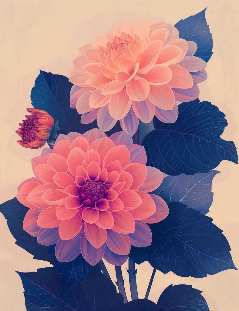 Two large, pink dahlias bloom against a light peach background, their petals layered and delicate. They are surrounded by large, dark blue leaves that create a striking contrast. A smaller, pink bud sits at the base of the arrangement, adding a touch of whimsy to the composition. The image captures the beauty and elegance of these vibrant flowers.
