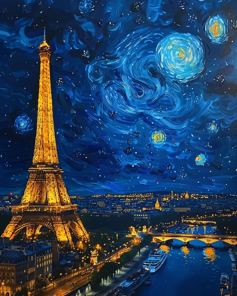 The Eiffel Tower stands tall against a swirling, blue night sky reminiscent of Van Gogh's "Starry Night." The cityscape of Paris stretches out below, dotted with twinkling lights. A river winds through the scene, reflecting the city's glow, and a boat sails serenely beneath a bridge. The painting captures the beauty and magic of Paris at night.