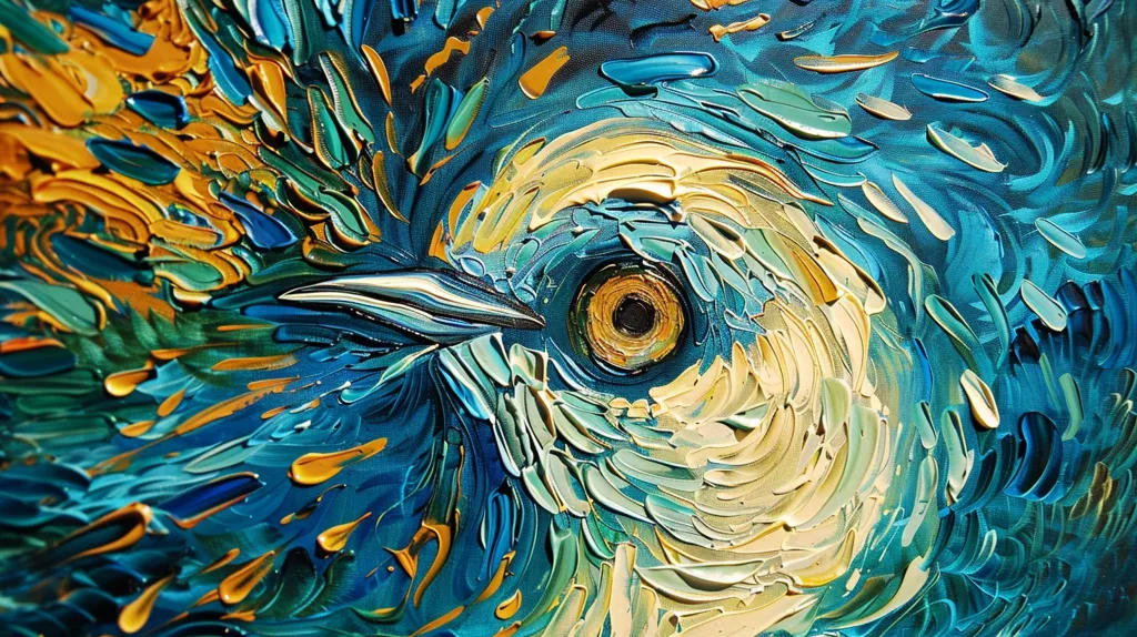 The image is a close-up of a bird's eye, painted in a style reminiscent of Vincent van Gogh's Starry Night. The eye is a swirl of blue, green, and yellow, with thick, textured brushstrokes. The detail captures the intricate patterns and the depth of the bird's gaze.  The background is a vibrant blue, with hints of yellow and green. The artist's impressionistic approach adds a sense of movement and energy to the artwork.