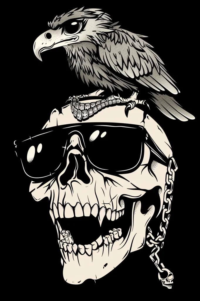 A black and white illustration of a skull wearing sunglasses and a chain. A bird is perched on top of the skull, its wings spread out. The background is black, creating a stark contrast with the skull and bird. The image has a bold, graphic style.