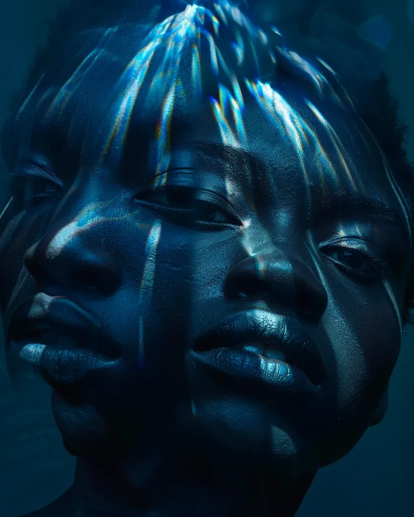 The image shows a close-up of a person's face, illuminated by blue and white streaks of light. The face is dark, with prominent features, and the light creates a sense of depth and mystery. The person's eyes are closed, and their lips are slightly parted, adding to the enigmatic quality of the image. The overall effect is one of intrigue and beauty, as the light plays across the face, highlighting its contours and textures.