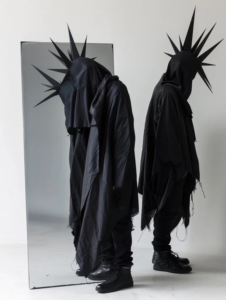 Two figures stand in front of a mirror, both wearing black clothing and elaborate black spiky headpieces. Their faces are hidden by their clothing and only their lower legs and feet are visible. The image has a dark and mysterious feel, with the figures appearing both imposing and enigmatic. The sharp angles of the headpieces and the stark contrast between the black clothing and white background add to the image's dramatic effect.  The reflection in the mirror creates a sense of duality and intrigue.