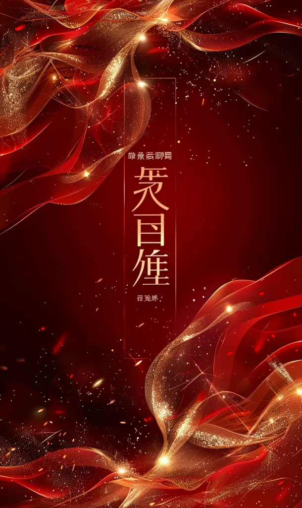 The image is a red and gold abstract background. It features flowing, wavy lines of gold against a dark red backdrop.  The lines are shimmering with light and sparkle. In the center of the image, there is a white box with Chinese characters in gold.  The overall effect is one of luxury and celebration.