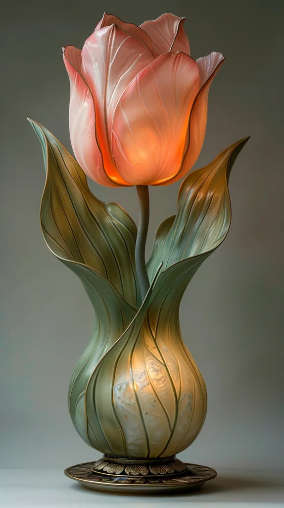 The image shows a beautifully crafted lamp in the shape of a tulip. The tulip is made of delicate pink and white glass, and the leaves are a pale green with gold accents. The lamp is lit from within, creating a warm, inviting glow. The lamp sits on a round, gilded base with a decorative design. The overall effect is elegant and sophisticated, with a touch of whimsy.