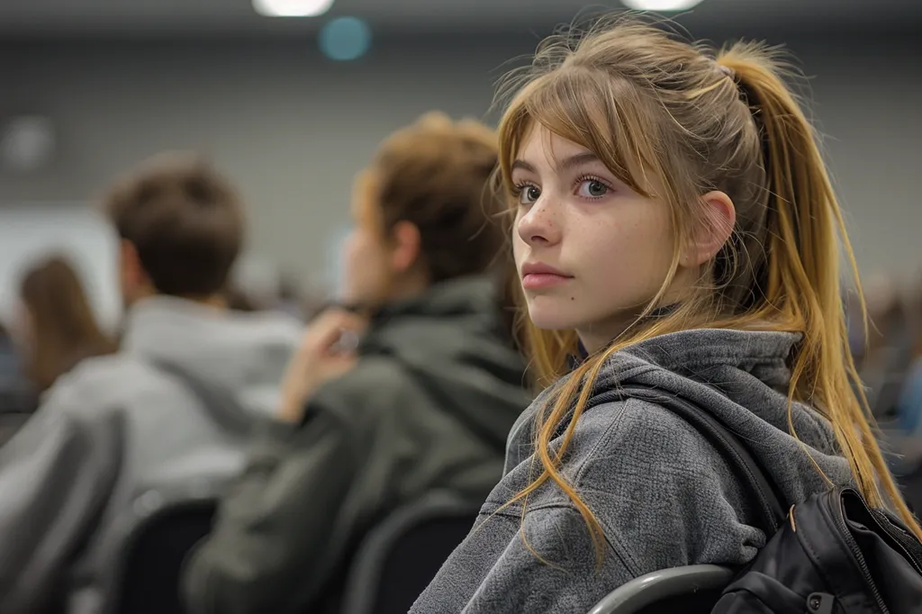 A young woman with long blonde hair tied back in a ponytail sits in a classroom, looking over her shoulder. She is wearing a grey hoodie and has a backpack slung over her shoulder. Other students are blurred in the background. She appears to be listening intently to something or someone.  The photo captures a moment of quiet focus and concentration.