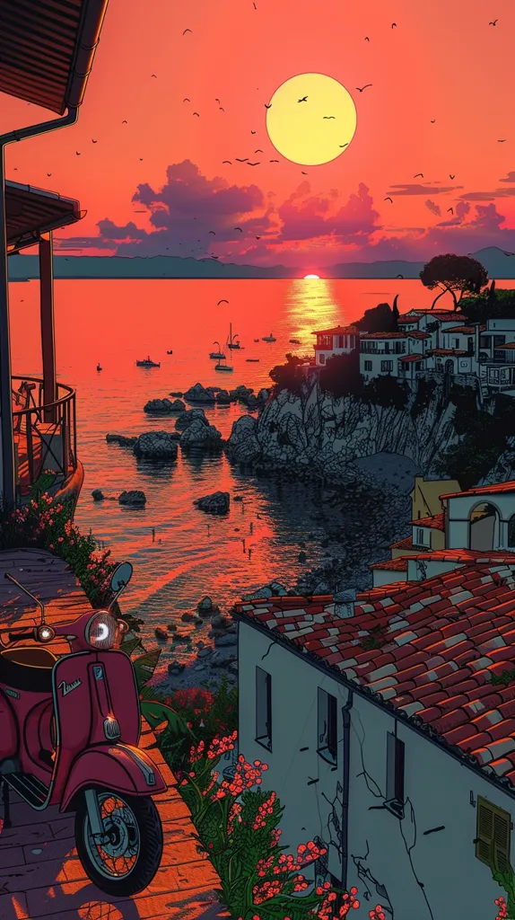 A red scooter sits parked on a path leading down to a Mediterranean village nestled on a cliffside. The sun is setting over the ocean, casting an orange glow across the water. Birds fly in the sky, and the village is surrounded by lush green foliage and flowers. The scene is peaceful and idyllic, evoking a sense of relaxation and tranquility.