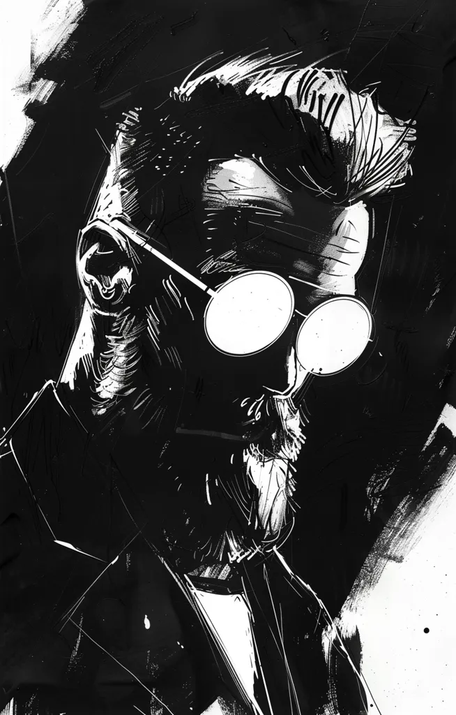 A black and white illustration of a man with a thick beard and slicked-back hair, wearing round sunglasses. The image is created with bold, brushstrokes and a dark background. The man's expression is obscured by the sunglasses and shadows, creating a sense of mystery and intrigue.