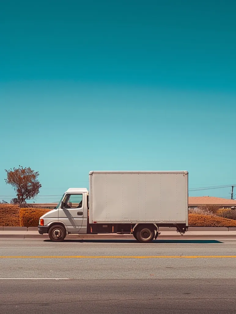 A white delivery truck drives down a paved road against a bright blue sky. The truck is the focal point of the image, with the sky and the surrounding landscape blurred in the background. The truck has a simple, clean design and is well-maintained, giving it a professional look. The bright colors and minimalist composition convey a sense of efficiency and speed.