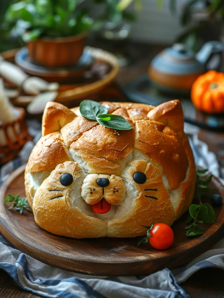 A loaf of bread shaped like a cat sits on a wooden board. It has a cute, smiling face with black eyes and a red tongue. Green leaves, a cherry tomato, and a sprig of rosemary decorate the board. The bread is surrounded by a blurred background of a potted plant, a blue teapot, and a small orange pumpkin.  The scene is warm and inviting, perfect for a cozy afternoon snack.