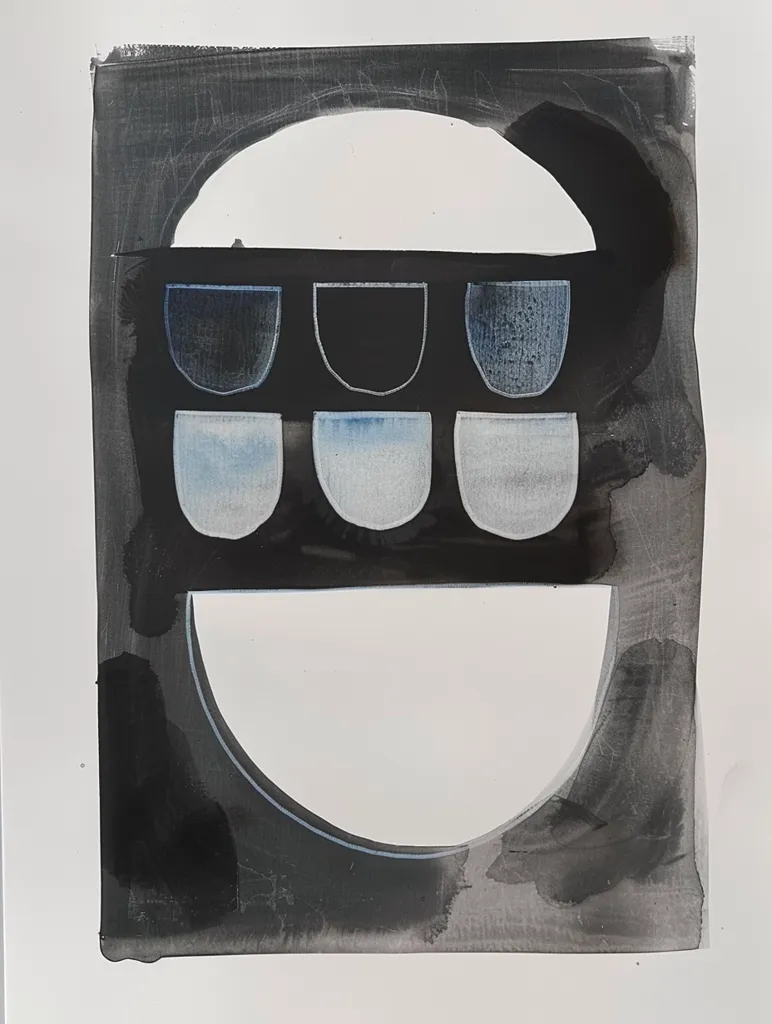 The abstract image features a black square with a white semi-circle in the centre, with five semi-circles of light blue and black. The artwork is painted in a muted colour palette and features soft, blended edges. The overall effect is one of simplicity and calm.
