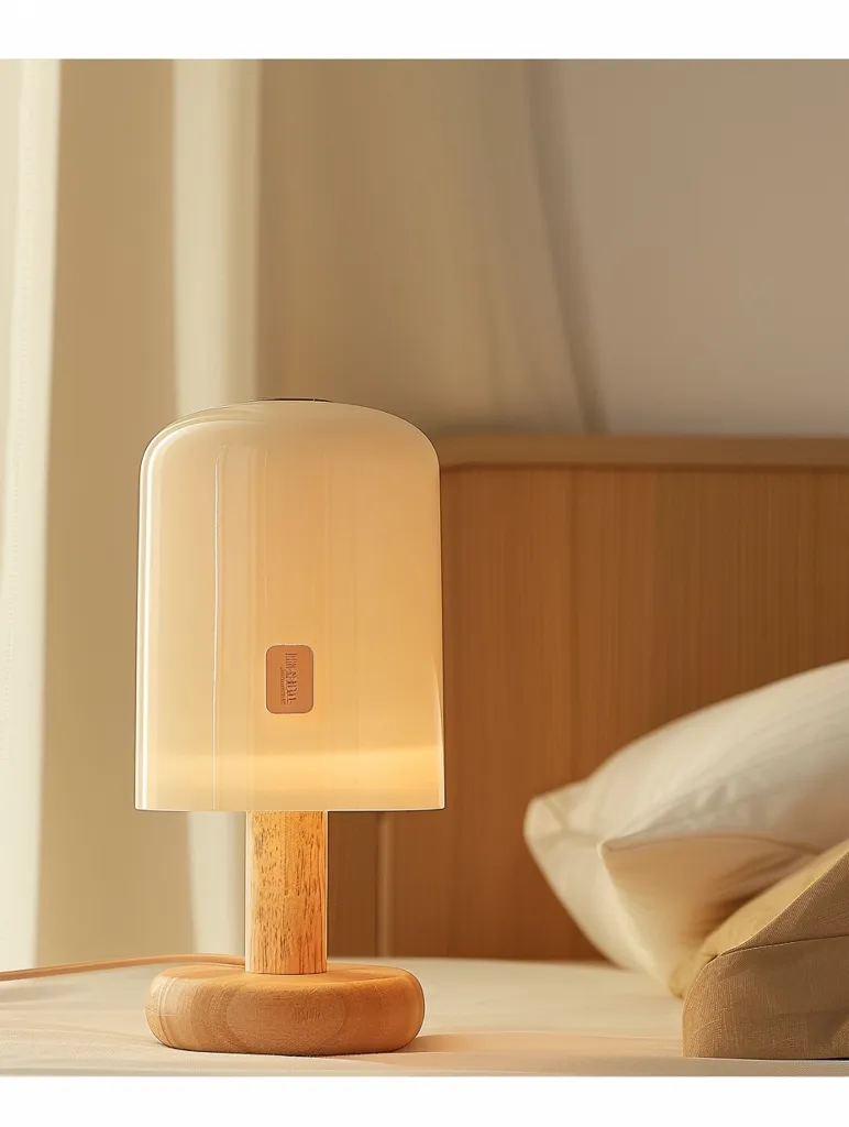 A wooden bedside lamp with a cylindrical white glass shade sits on a white nightstand. The lamp is illuminated and casts a warm glow on the room. A fluffy white pillow is partially visible in the background. The lamp's design is simple and elegant, with a natural wood finish. It is a perfect addition to any bedroom, providing soft, ambient lighting.