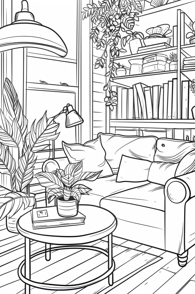A black and white line drawing of a living room. A couch sits in the foreground with a potted plant on a round table in front of it. A bookshelf filled with books and potted plants is behind the couch.  A large lamp hangs from the ceiling above the couch and another lamp sits on a table beside the couch. The floor is made of wood planks. The drawing is simple and elegant, with a focus on the lines and shapes of the furniture.