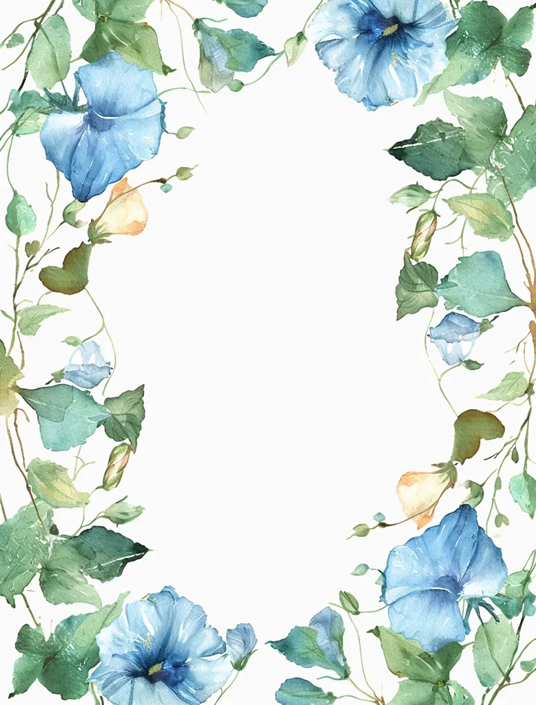 The image is a watercolor painting of a floral frame. It features a white background with blue flowers and green leaves arranged in a border around the edges. The flowers are delicate and the leaves are slightly faded, creating a soft and romantic aesthetic. The painting is in a minimalist style, with a focus on the beauty of nature.