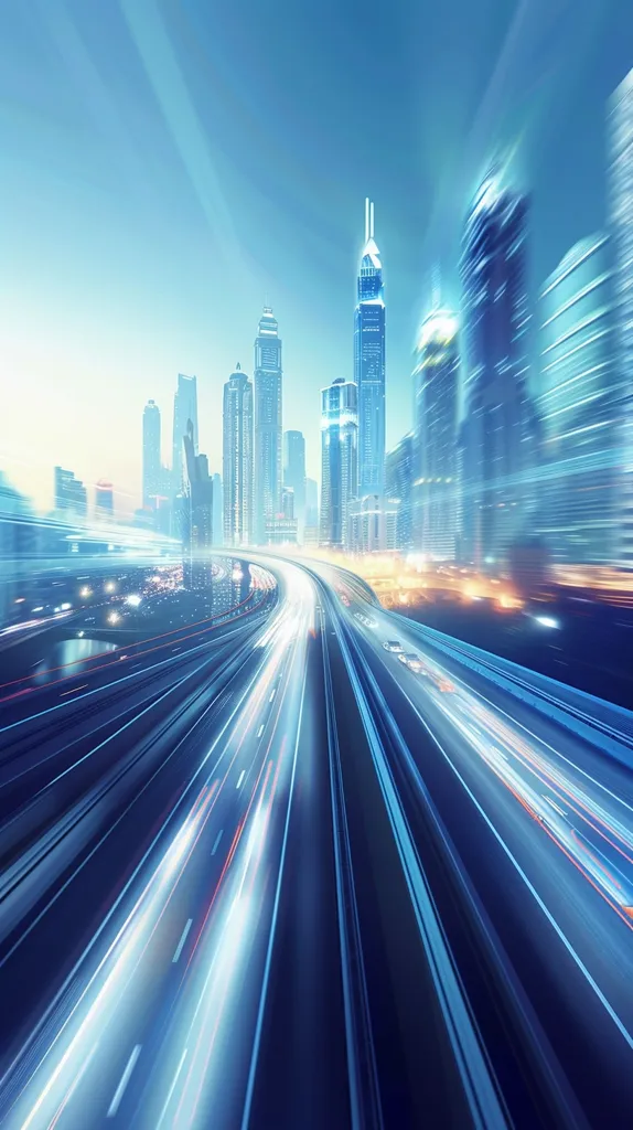 A long, straight highway cuts through a modern city skyline. Tall skyscrapers rise into a pale blue sky, while streaks of light from speeding cars create a dynamic sense of movement. The image captures the energy and dynamism of urban life.
