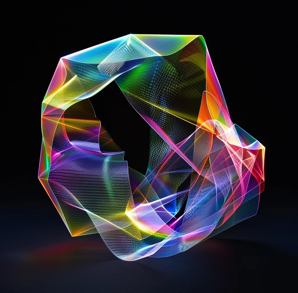 A swirling, abstract shape made of iridescent, luminous lines and dots. The shape is composed of a network of intersecting lines that create a sense of depth and movement. The colors are vibrant and saturated, with shades of blue, green, yellow, and pink. The shape appears to be floating in a black void.