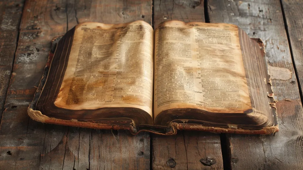 An open, antique book lies on a wooden surface.  The pages are yellowed and worn, the text barely visible. The binding is dark brown, the leather worn and cracked. The book is aged and well-loved, its pages whispering stories of the past.  The image captures the essence of history and the enduring power of knowledge.