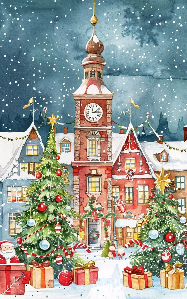 A charming Christmas scene with snow falling on a quaint town square. A tall clock tower dominates the center, while two decorated Christmas trees stand proudly in front of colorful buildings.  The snow-covered rooftops, festive lights, and wrapped gifts create a warm and inviting atmosphere.