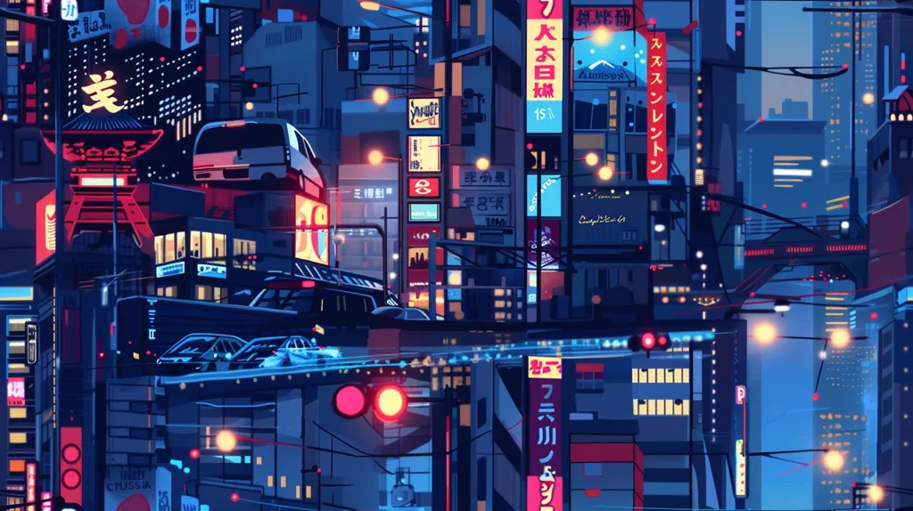 The image depicts a vibrant, futuristic cityscape, with towering buildings adorned with neon signs in Japanese characters. The streets are bustling with traffic, including a sleek, silver car and a large bus. The image is saturated with neon lights and glowing strings of lights, creating a mesmerizing and energetic atmosphere.  A sense of urban chaos and energy is conveyed through the intricate network of wires and cables that crisscross the scene. The image evokes a feeling of excitement and a glimpse into a technologically advanced future.