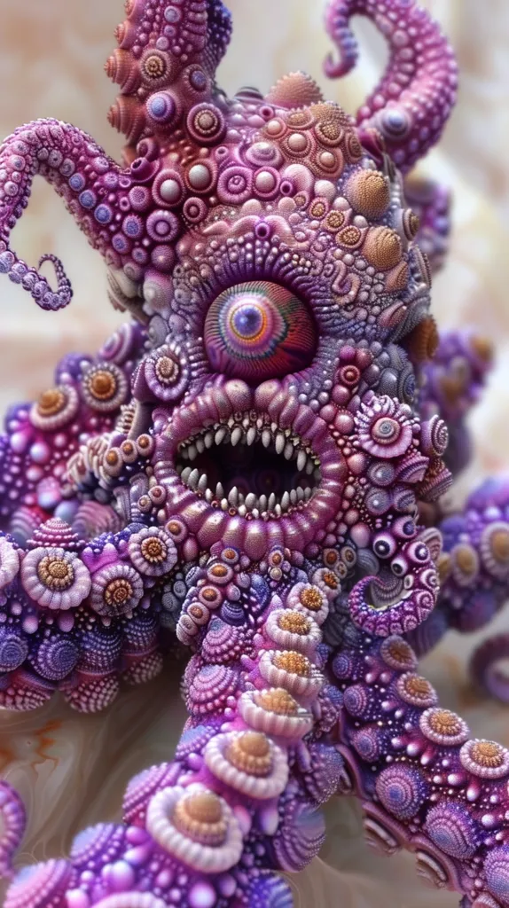 A  creature resembling an octopus with multiple arms, its body a swirling mass of purple and white dots and  a single large eye with a rainbow iris. The creature's mouth is open, revealing rows of sharp white teeth. It looks both beautiful and grotesque.  The intricate details of its body create a surreal and almost hypnotic effect.